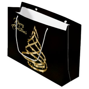 Christmas Shiny Golden Ribbon Tree Sparkle Black Large Gift Bag