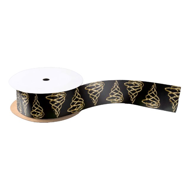 Christmas Shiny Golden Tree Sparkle Black Elegant Satin Ribbon (Spool)