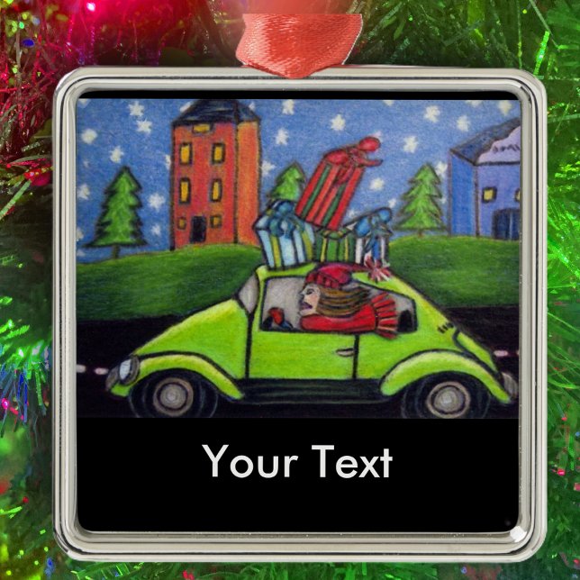 Christmas Shopping Car Gifts Metal Tree Decoration (Woman driving green car with Christmas Presents past building trees on Christmas ornament.)