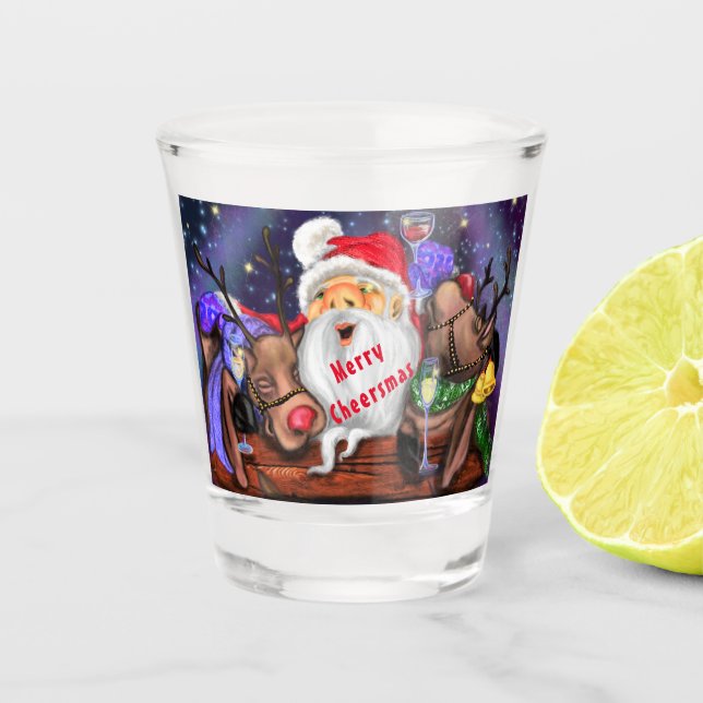 Christmas Shot Glass Santa with Reindeers Cheers (Front)