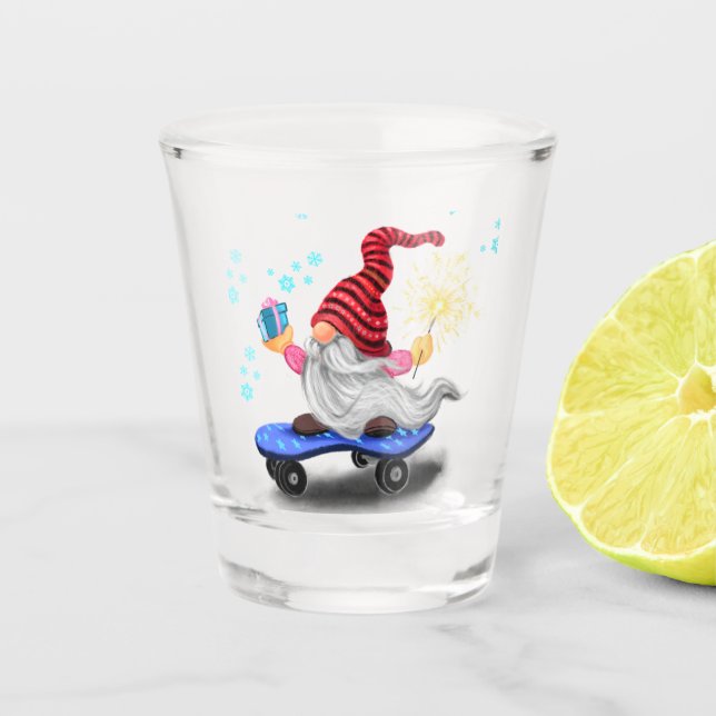 Christmas Shot Glass Skater Gnome with Gifts (Front)