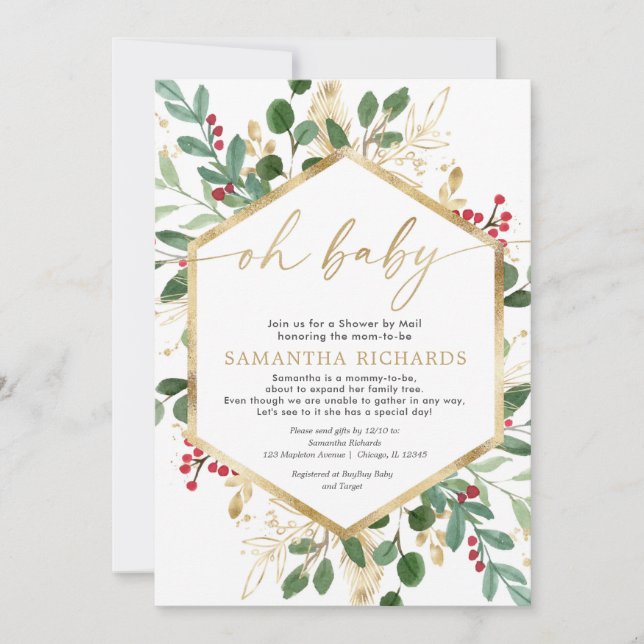 Christmas Shower by Mail gold red holly baby Invitation (Front)