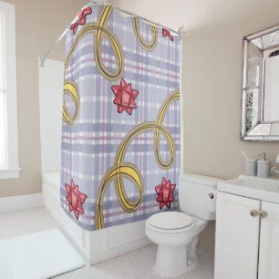 Christmas Shower Curtain, Blue Plaid Red Bow Curtain