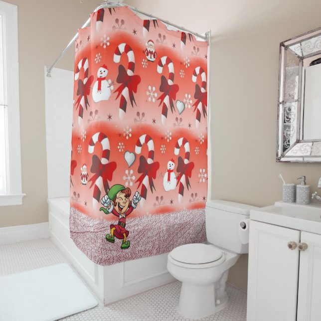 Christmas Shower Curtain, Elf, Candy Cane Shower Curtain (In Situ)