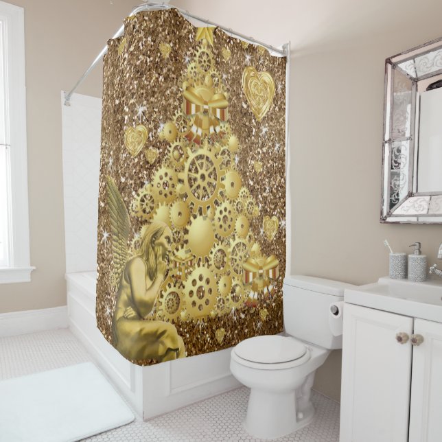 Christmas Shower Curtain, Gold Angel Curtain (In Situ)