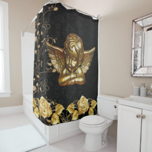 Christmas Shower Curtain, Gold Angel Shower Curtain