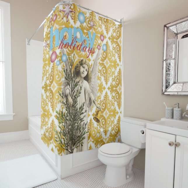 Christmas Shower Curtain, Happy Holidays Angel Curtain (In Situ)