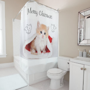 Christmas Shower Curtain, Merry Christmas Kitten Shower Curtain