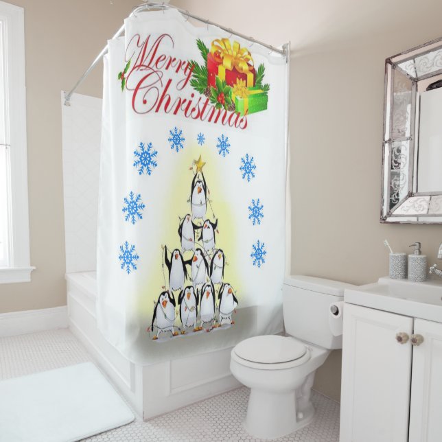 Christmas Shower Curtain, Merry Christmas Penguin Curtain (In Situ)