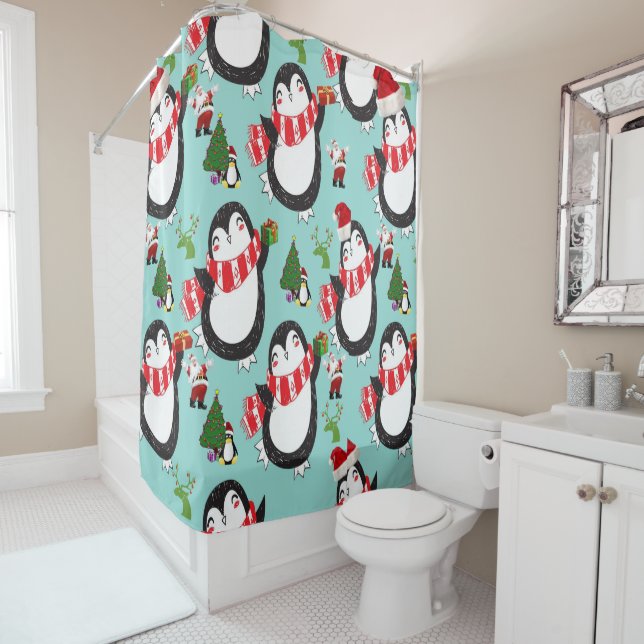 Christmas Shower Curtain, Penguin Curtain (In Situ)