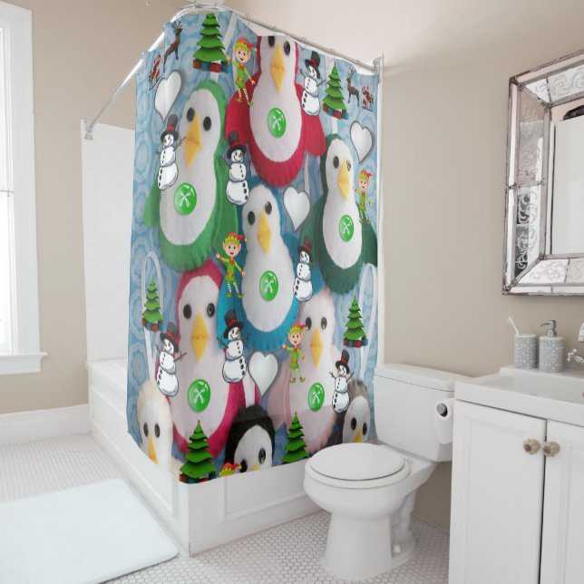 Christmas Shower Curtain, Penguin Curtain (In Situ)