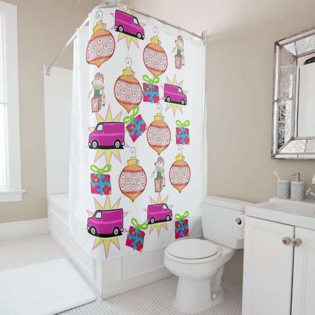 Christmas Shower Curtain Pink Car (In Situ)