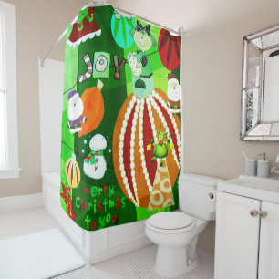 Christmas Shower Curtain, Red Green Stars Stripe Shower Curtain