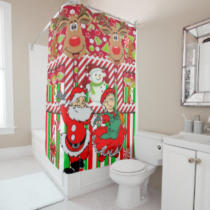 Christmas Shower Curtain, Reindeer Santa Snowman Curtain