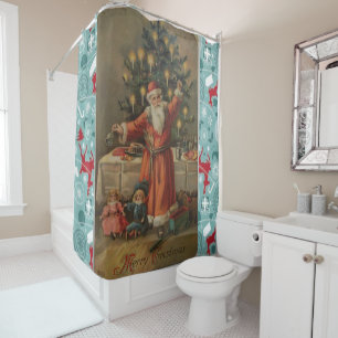 Christmas Shower Curtain, Santa Vintage Curtain