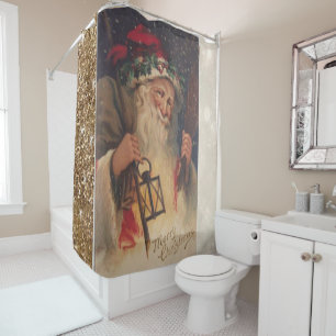 Christmas Shower Curtain, Santa Vintage Curtain