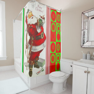 Christmas Shower Curtain, Santa Vintage Curtain