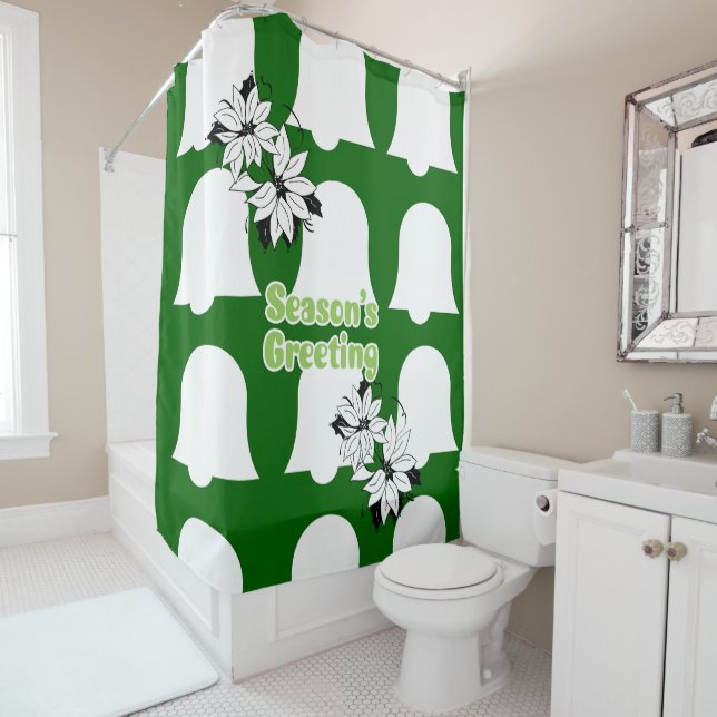 Christmas Shower Curtain, Season's Greetings Green Curtain (In Situ)