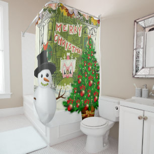 Christmas Shower Curtain, Snowman Curtain