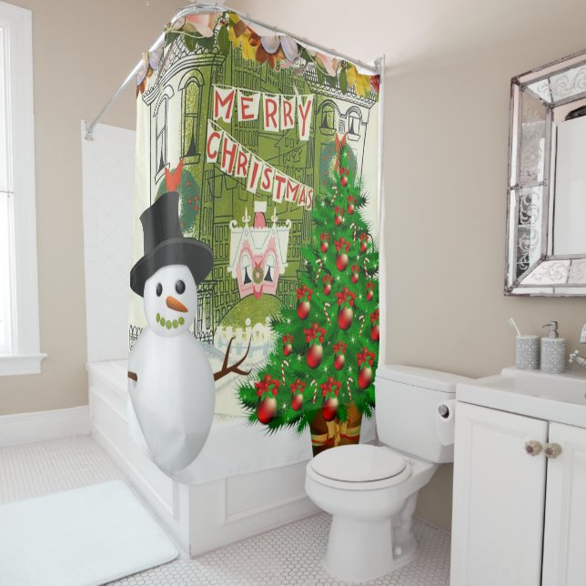 Christmas Shower Curtain, Snowman Curtain (In Situ)