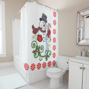 Christmas Shower Curtain, Snowman, Peppermint Shower Curtain