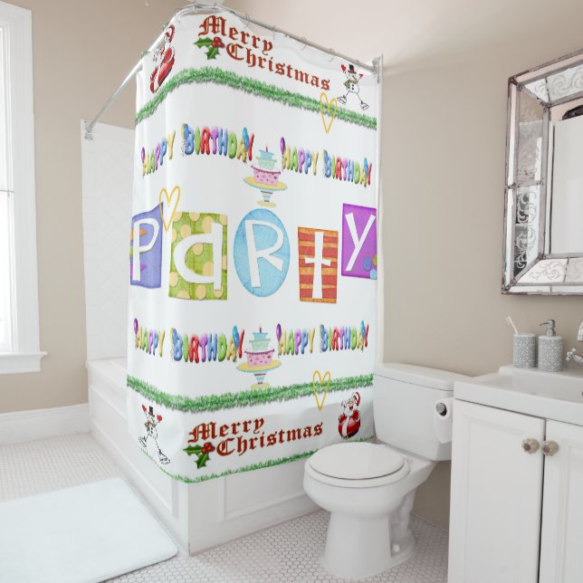 Christmas Shower Curtain, Stripe Happy Birthday Shower Curtain (In Situ)