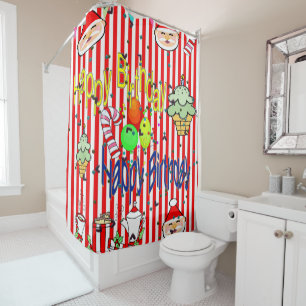 Christmas Shower Curtain, Stripe Happy Birthday Shower Curtain