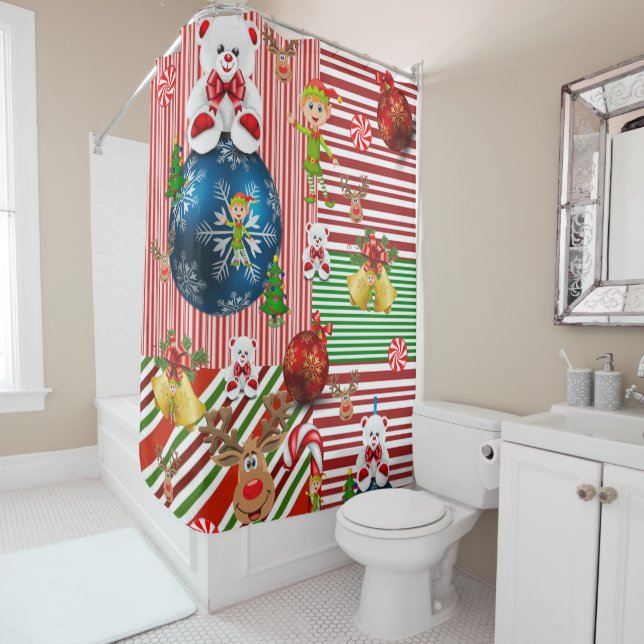 Christmas Shower Curtain, Teddy Bear Stripe Curtain (In Situ)