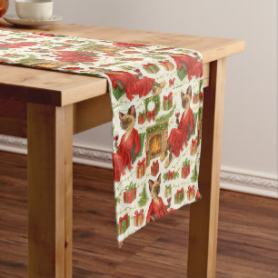 Christmas Siamese Cat Celebrating at home Medium Table Runner