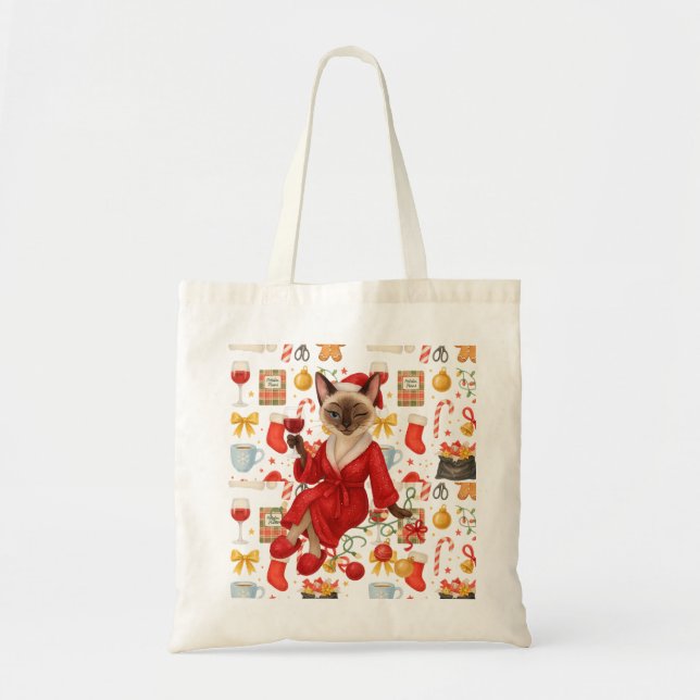 Christmas Siamese Cat is celebrating at home Tote Bag (Front)