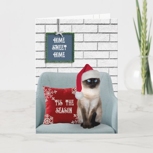 Christmas Siamese Cat on a Chair Holiday Card (Front)