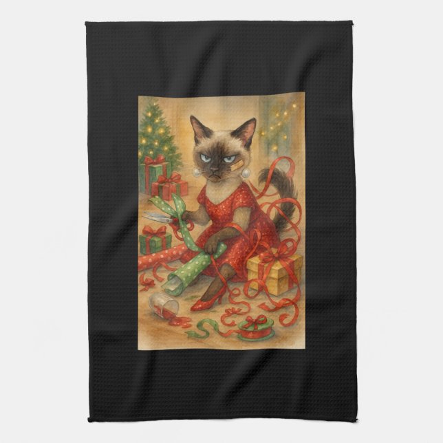 Christmas Siamese Cat Poster Holiday Home  Tea Towel (Vertical)