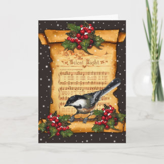 Christmas: Silent Night Sheet Music, Scroll, Bird Holiday Card