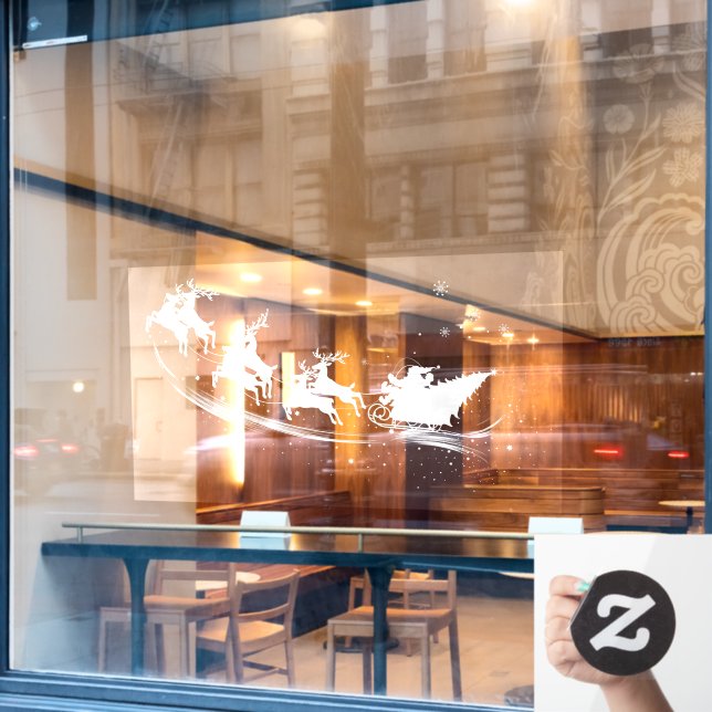 Christmas Silhouette Santa Claus Sleigh Reindeer  (Cafe Window)