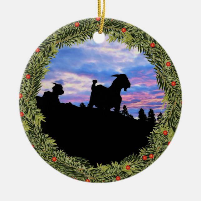 Christmas Silhouettes Goats on the Mountain Ceramic Tree Decoration (Front)