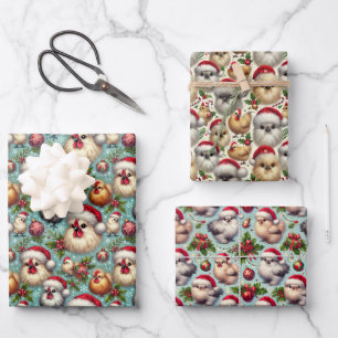 Christmas Silkie Chicken 3-Sheet Flat  Wrapping Paper Sheet