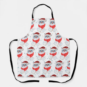 Christmas Silver And White Cat With Santa Hat Apron