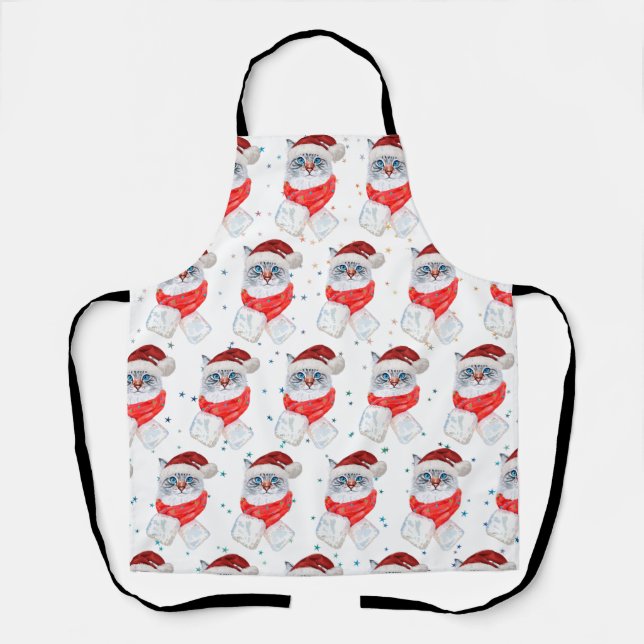 Christmas Silver And White Cat With Santa Hat Apron (Front)