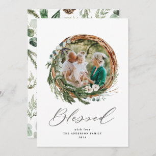 Christmas silver  blessed script botanical 1 photo holiday card