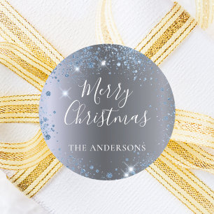 Christmas silver blue glitter name classic round sticker
