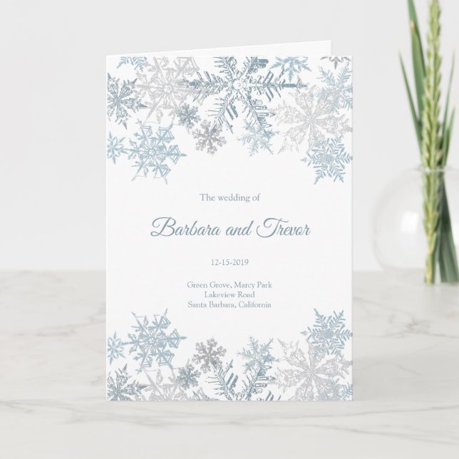 Christmas Silver Blue Snowflakes Winter Wedding Programme (Front)