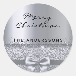Christmas silver bow family name classic round sticker