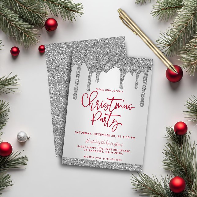 Christmas Silver Glitter Drips Christmas Party Invitation (Christmas Silver Glitter Drips Christmas Party Invitation)