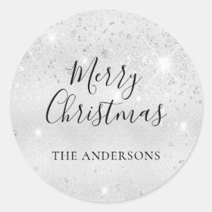 Christmas silver glitter monogram classic round sticker