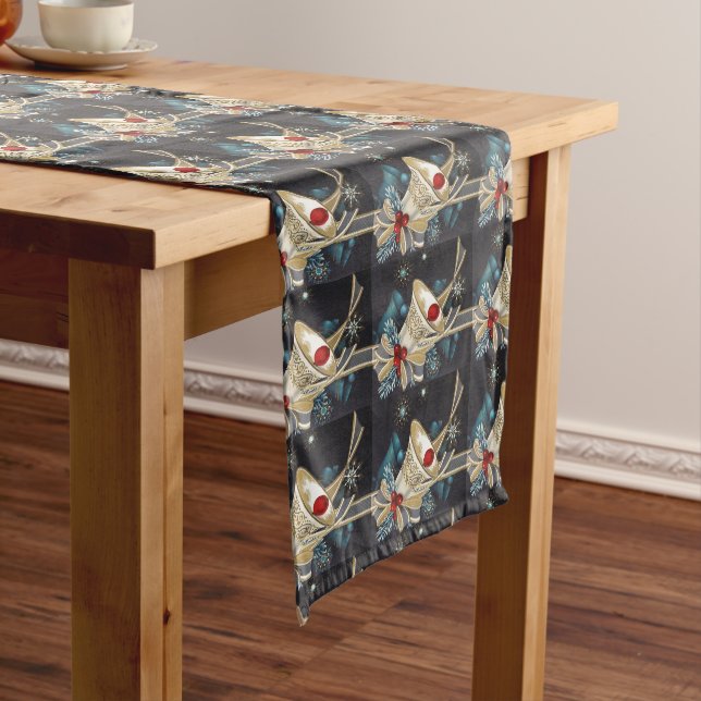 Christmas Silver Gold Turquoise Bells Gold Ribbon Medium Table Runner (In Situ)