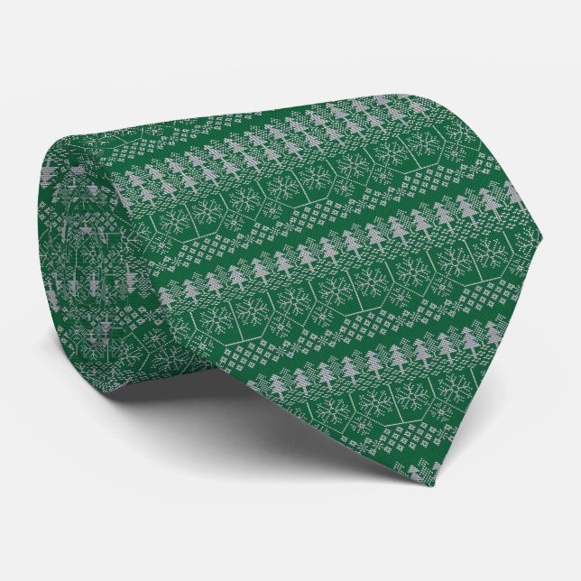 Christmas Silver Green Pattern Holidays Tie (Rolled)