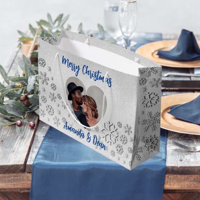 Christmas silver snow blue photo heart large gift bag