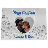Christmas silver snow blue photo heart large gift bag (Back)