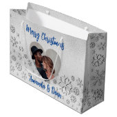 Christmas silver snow blue photo heart large gift bag (Front Angled)