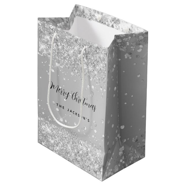 Christmas silver sparkles name medium gift bag (Front Angled)